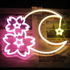 Sakura Moon Star Neon Signs for Wall Decor Cherry Blossom Neon Light Dimmable Flower Aesthetic Wall Art LED Sign for Bedroom Living Room Dorm Decoration Girls Gifts