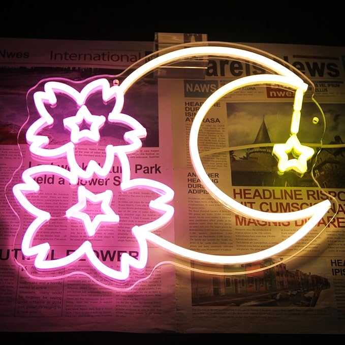 Sakura Moon Star Neon Signs for Wall Decor Cherry Blossom Neon Light Dimmable Flower Aesthetic Wall Art LED Sign for Bedroom Living Room Dorm Decoration Girls Gifts