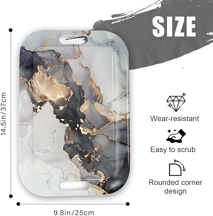 Serving Trays with Handles, 14.5 x 9.8 inch Rectangular Plastic Tray for Restaurant, Kitchen, Gray and Golden Marble