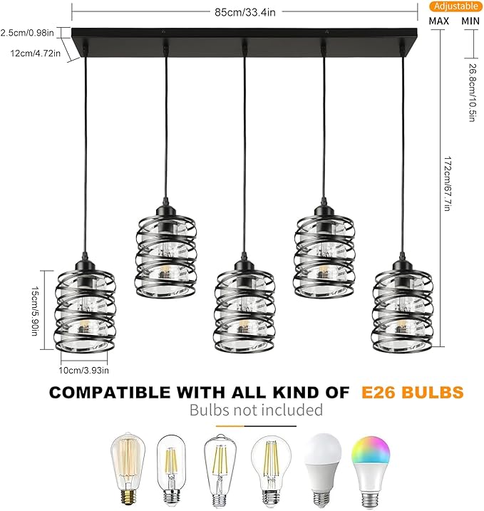 Black Pendant Lights for Kitchen Island Farmhouse Chandeliers for Dining Room, 5-Light Pendant Light Hanging Linear Chandeliers Kitchen Island Lighting with Clear Glass Shades