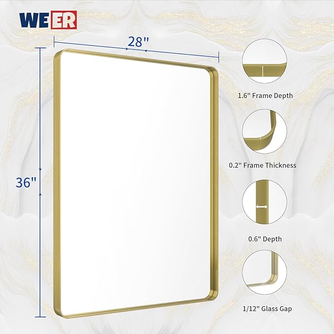 WEER Gold Bathroom Mirror, 28X36 Inch Brushed Gold Metal Frame Mirror, Rounded Rectangle Gold Bathroom Vanity Mirror for Wall, Tempered Glass, Anti-Rust, Hangs Horizontally or Vertically