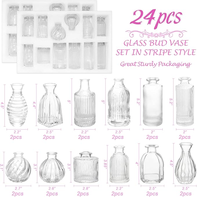 Bud Vases in Bulk 24, Small Glass Vase for Centerpieces, Vintage Vases for Decor, Mini Clear Single Flower Vase Bulk for Wedding Decor Rustic Decorative Christmas Vases Set Home Table Decorations
