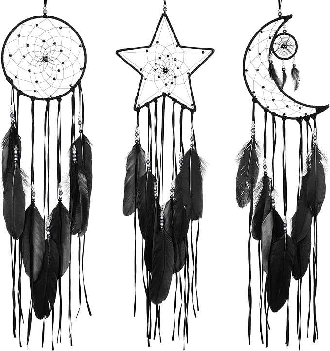 Jetec 3 Pcs Dream Catcher Moon Sun Star Design Handmade Traditional Craft Ornament Wall Hanging Home Decoration Bedroom Wedding Halloween Christmas Decorations(Black)