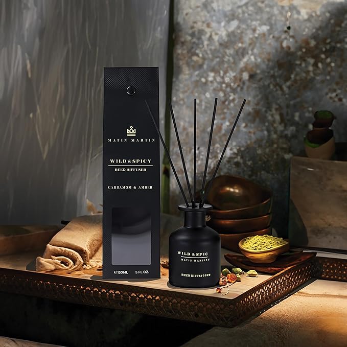 Wild and Spicy Reed Diffuser 5 oz - Luxury Aromatherapy with Cardamom & Amber - Home Decor Gift for Bedroom, Office, Living Room, Bathroom - Long-Lasting Scent - Premium Fragrance Sticks