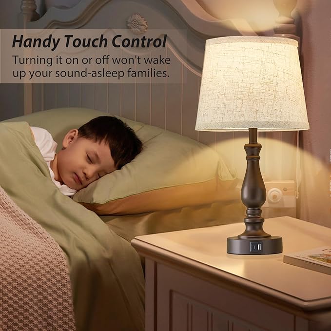 Table Lamps for Bedrooms Set of 2 - Touch Bedside Lamps with USB C+A Ports - 3 Way Dimmable Nightstand Lamps for End Tables Farmhouse Night Stand Lamps for Living Room Bed Side Guest Room