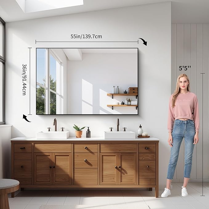 YIROMAN Bathroom Mirror 55"x36", Large Matte Black Bathroom Mirror for Over Sink with Aluminum Frame, Rectangular Vanity Mirror with Right Angle, Wall Mirror Hangs Horizontal or Vertical, Shatterproof
