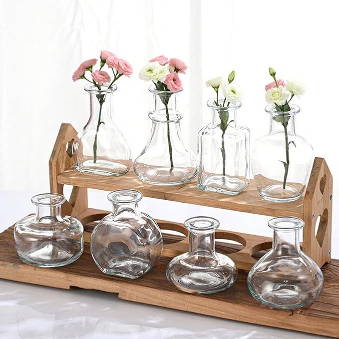 Bud Vases in Bulk Small Glass Clear Vase Set of 8 Different Shape Smooth Surface Vintage Mini Tiny Vases Modern Cute for Flowers Table Wedding Decor Centerpieces Home Party Dining Room