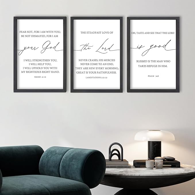 FZMHASLWW The Lord Your God Is Good Sign Bible Verses Wall Decor 16"X11" Set of 3 Christian Scripture Prayer Inspirational Motivational Quotes Family Framed Wall Art (Black)