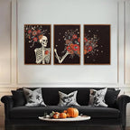 KAIRNE Gothic Skull Wall Art,Halloween Skeleton Canvas Set of 3(16”x24”),Scary Skull Painting,Horror Floral Botanical Prints,Romantic Spooky Halloween Wall Art for Living Room Bedroom Goth Party Decor