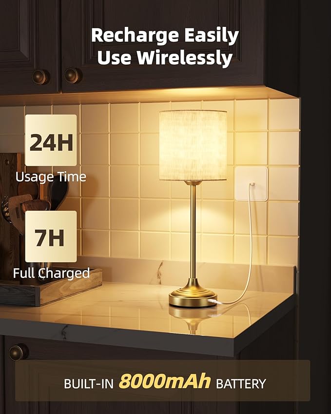 Cordless Table Lamp, 8000mAh, Dimmable, 2700K, Touch Control, Portable, LED, Wireless, Rechargeable, Battery Operated, Desk Lamp, Kitchen Lamp, Fabric Shade, for Dining Room, Bedroom, Living Room
