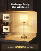 Cordless Table Lamp, 8000mAh, Dimmable, 2700K, Touch Control, Portable, LED, Wireless, Rechargeable, Battery Operated, Desk Lamp, Kitchen Lamp, Fabric Shade, for Dining Room, Bedroom, Living Room