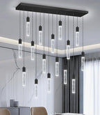 16-Lights Modern Crystal Rectangular Chandeliers LED Pendant Light for Kitchen Island High Ceiling Chandelier for Dining Room Entrance Foyer Living Room Black