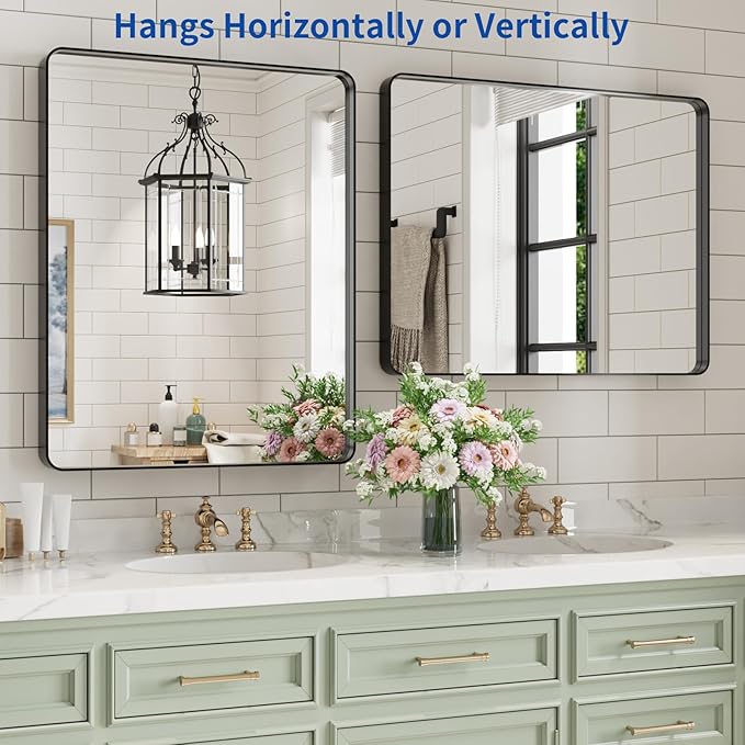 WEER Black Bathroom Mirror for Wall, 24X30 Inch Matte Black Mirror, Rectangular Black Metal Framed Vanity Mirror with Tempered Glass, Rounded Corner, Anti-Rust (Horizontal/Vertical)