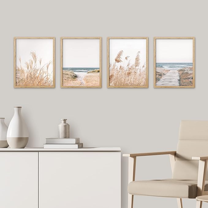 SIGNWIN Framed White Pampas Grass Beach Ocean Shore Horizon Wall Art, Set of 4 Landscape Colorful Wall Decor Prints, Nature Wilderness Wall Décor for Living Room, Bedroom - 11"x14" Natural