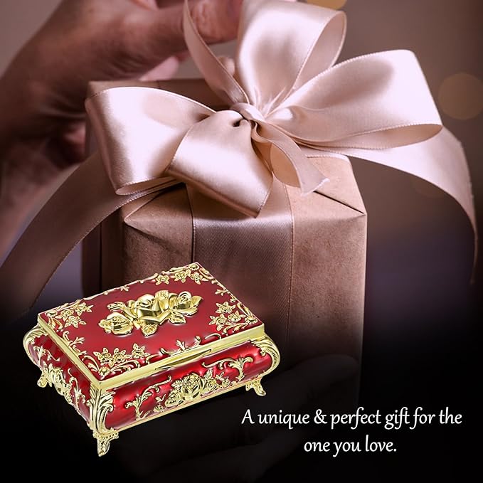 ELLDOO Vintage Music Box, Gold Metal Musical Jewelry Box Keepsake Box, Small Trinket Jewelry Storage Box Gift for Girl Women (Tune: You are My Sunshine), Red