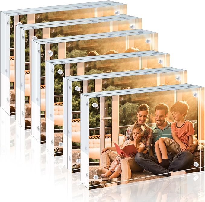 Egofine Acrylic Frames 6 Pack, 4x6 and 5x7 Combinations, 20mm Thicker Frameless Clear Picture Frames, Double Sided Magnetic Picture Frames, Free Standing Desktop Display