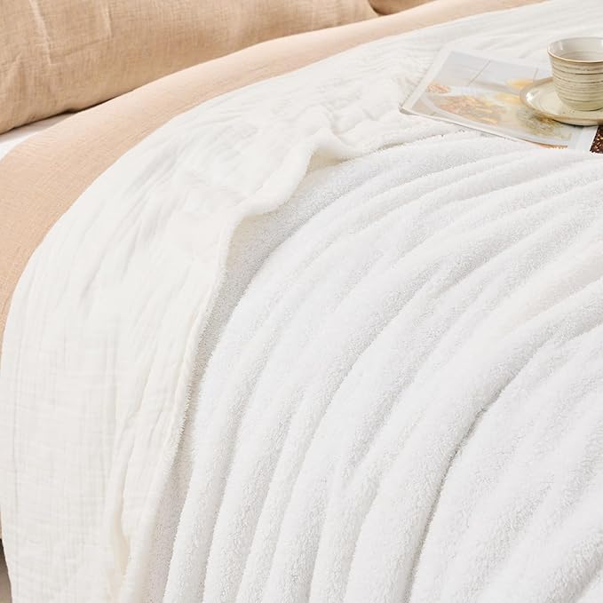EMME White Throw Blanket Muslin and Fleece Blanket for Women Reversible - 50"*60" Soft & Cozy Warm Lightweight Small Blankets for Couch Bed Picnic Travel Bed