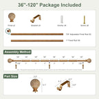 Wood Curtain Rods for Windows 66 to 120 Inch,1'' Diameter Drapery Rods with Imitation Wood Grain Leaf Pattern Finials,Boho Adjustable Heavy Duty Curtain Rods Set,36-120'',Color:Natural Wood