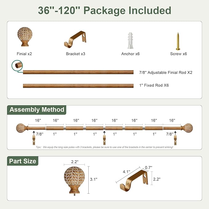 Wood Curtain Rods for Windows 66 to 120 Inch,1'' Diameter Drapery Rods with Imitation Wood Grain Leaf Pattern Finials,Boho Adjustable Heavy Duty Curtain Rods Set,36-120'',Color:Natural Wood