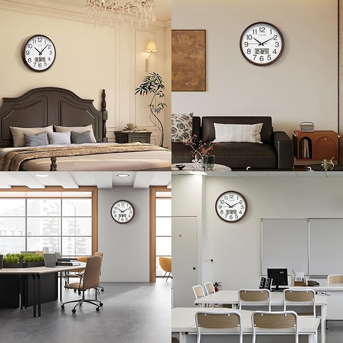 Wall Clock, Classic Wood Style Finish, 11 Inch Non-Ticking Silent Battery Operated Quartz Analog with Perpetual Calendar and F° Temperature Display, Home, Office Décor (Wood Brown)