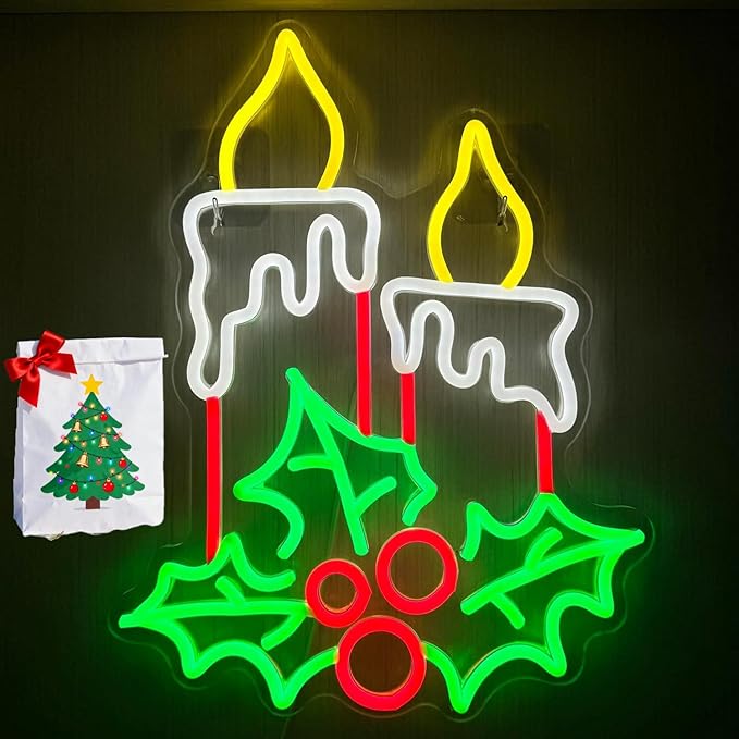 Christmas Cartoon Candle Neon Sign,USB Powered Neon Light Sign Christma LED Signs for Wall Light Up Signs for Home Party,Bedroom,Dining Room,Living Room,Fireplace (And Christmas Mystery Blind Bag)