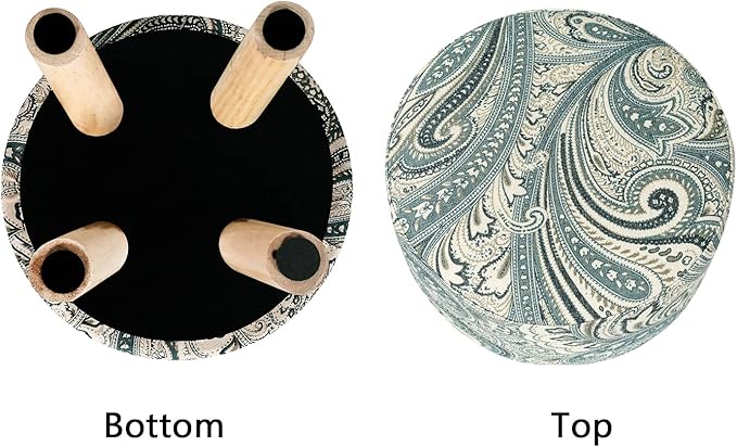 Asense Small Round Ottoman Foot Rest Stool Linen Padded Seat Footstool Ottoman with Anti-Slip Wooden Legs (Blue+Beige,Linen)