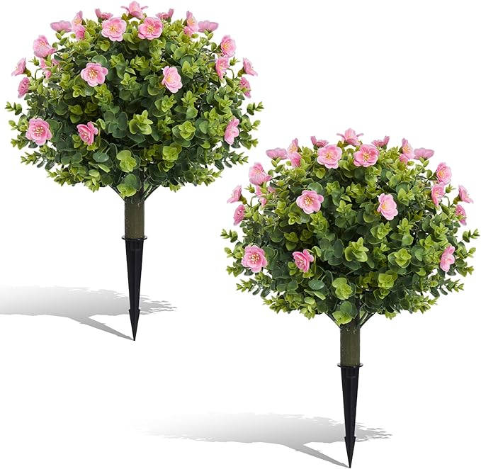 Set of 2 Artificial Pink Camellia Eucalyptus Tree Garden Stakes 20" Height, UV Resistant Faux Floral Bushes with Metal Spikes, Realistic Fake Plants for Porch, Patio, Yard, Garden Outdoor Decor