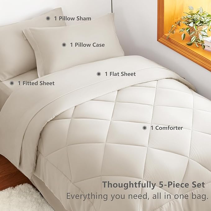 CozyLux Twin Comforter Set with Sheets Beige - 5 Pieces Bed in a Bag Twin, All Season Bed Set for Girls and Boys, Bedding Set with Down Alternative Comforter, Sheets, Pillowcase & Sham