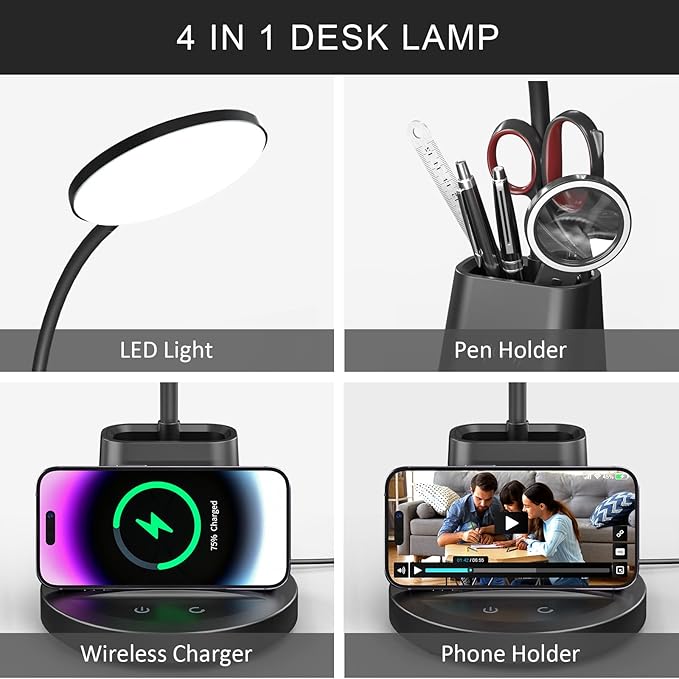 Desk Lamp with Wireless Charger, LED Desk Lamp for Home Office with Pen Holder, Dimmable Eye-Caring Study Desk Light Flexible Arm 3 Color Modes for College Dorm, 800 Lumens CRI 90