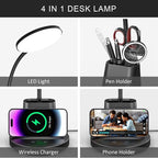 Desk Lamp with Wireless Charger, LED Desk Lamp for Home Office with Pen Holder, Dimmable Eye-Caring Study Desk Light Flexible Arm 3 Color Modes for College Dorm, 800 Lumens CRI 90
