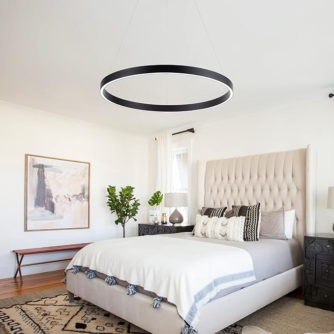MADEM Room Decor Modern LED Pendant Light 1-Ring Circular Contemporary Chandelier 23.6'' Flush Mount Pendant Lighting for Living Dining Room Bedroom, 6000K Cool White, Black