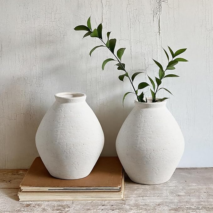 12” Ceramic Distressed Vase Handcrafted Rustic Neutral Decorative Floor Vases Home Decor Accent for Living Room, Dining Table, Entryway or Shelf Styling