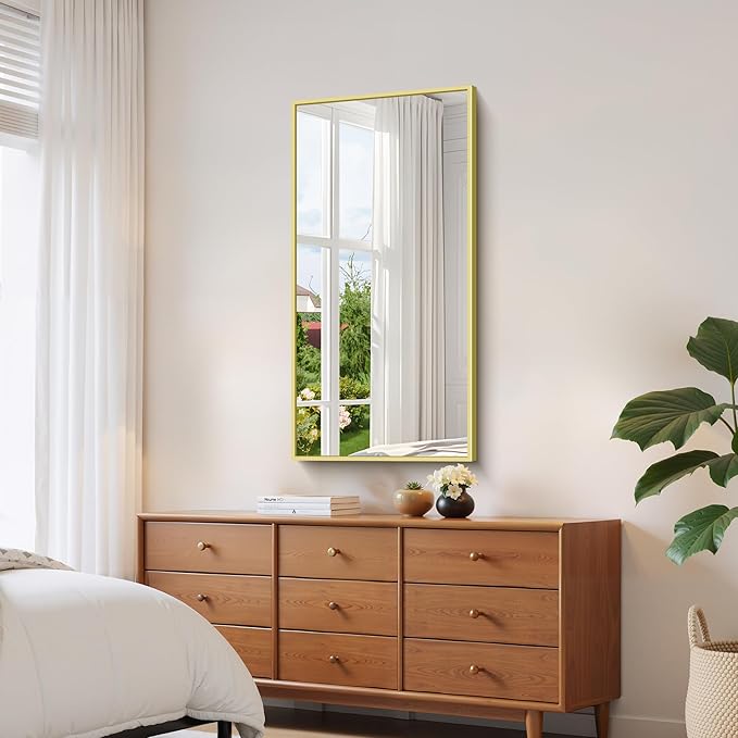 YIROMAN Bathroom Mirror 48"x24", Large Brushed Gold Bathroom Mirror for Over Sink with Aluminum Frame, Rectangular Vanity Mirror with Right Angle, Wall Mirror Hangs Horizontal or Vertical