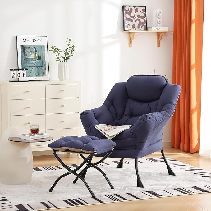 Cozy Lazy Chair and Ottoman, Large Contemporary Accent Lounge Chair Set, Leisure Upholstered Reading Armchair for Bedroom, Living Room, Dorm Rooms, Office