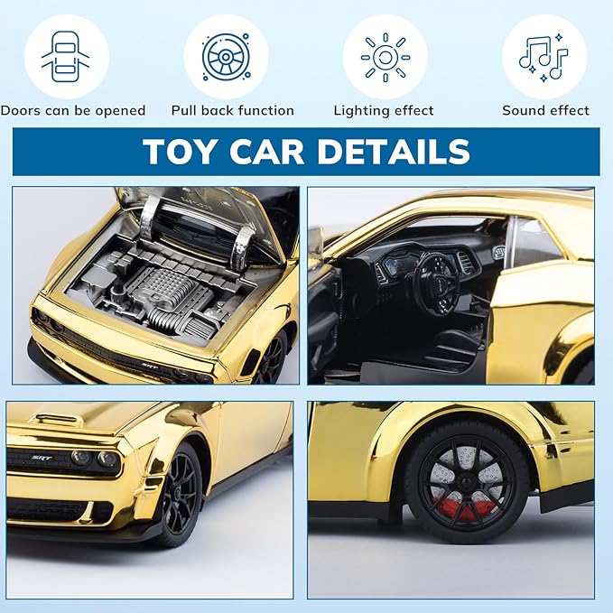 Car Toys for Boys 1/24 Diecast Cars Hellcat SRT Collectibles Model Kit,Pull Back Metal Toy Car with Lights and Sounds,Toy Cars for Boys Age 4-7（Gold）