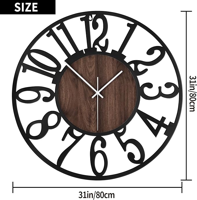 1st owned Large Wall Clock for Living Room Decor- 32" Decorative Antique Silent Little Ticking Battery Operated,Black Metal,Wood Clocks for Farmhouse,Dining Room,Bedroom,Kitchen - Arabic Numerals