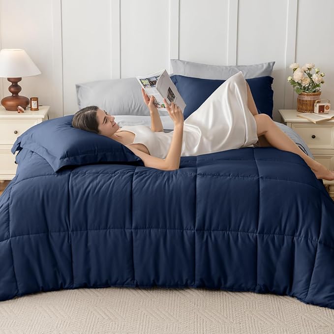 JOLLYVOGUE Full Comforter Set, Ultra-Soft Bed in a Bag Full Size 7 Pieces, Oeko-TEX Certified Bedding Set with Down Alternative Comforter, Sheets, Pillowcases & Shams, Navy Blue & Light Grey