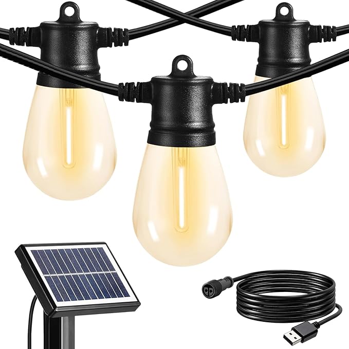SUNTHIN Outdoor Solar String Lights, 48ft Solar Patio Lights with USB Rechargeable, Waterproof & Shatterproof Solar Powered Bulbs for Yard, Porch, Garden, Pool, Party, Camping