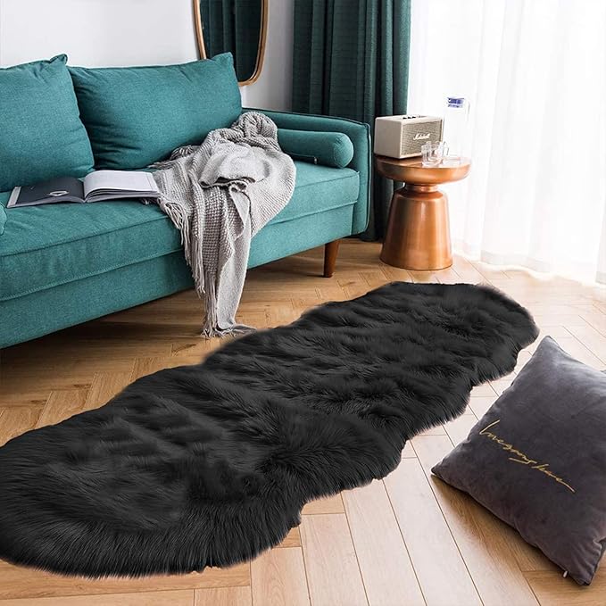 Latepis Black Runner Rugs 2x6 Faux Sheepskin Fur Rug for Bedroom Shag Shaggy Furry Rug for Living Room Dorm Soft Rugs Home Décor