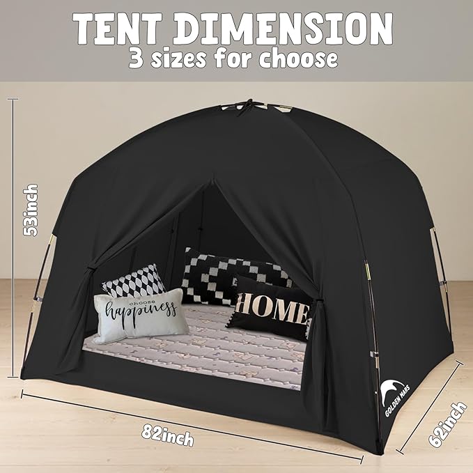Bed Tents for Kids and Adult, Portable 100% Breathable and 93% Blackout Toddler Dream Play Tent, 3 Doors Big Privacy Space Sleeping Canopy for Floor or Twin Full Queen Sizes Bed (Black, Queen-Size)