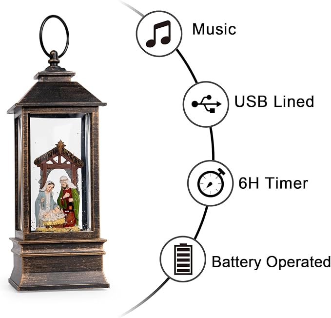10'' Musical Snow Globe Lantern Lighted Nativity Manger Scene Water Lantern Swirling Glittering Home Decoration and Gift, Battery Operated or USB Powered