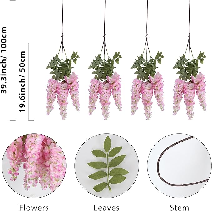 4PCS Pink Artificial Wisteria Hanging Flowers 40'' Tall Lush Fake Wisteria Flowers for Floor Vases Silk Flowers for Wedding Arch Ceremony Window Box Home Garden Backdrop Decoration (Pink)