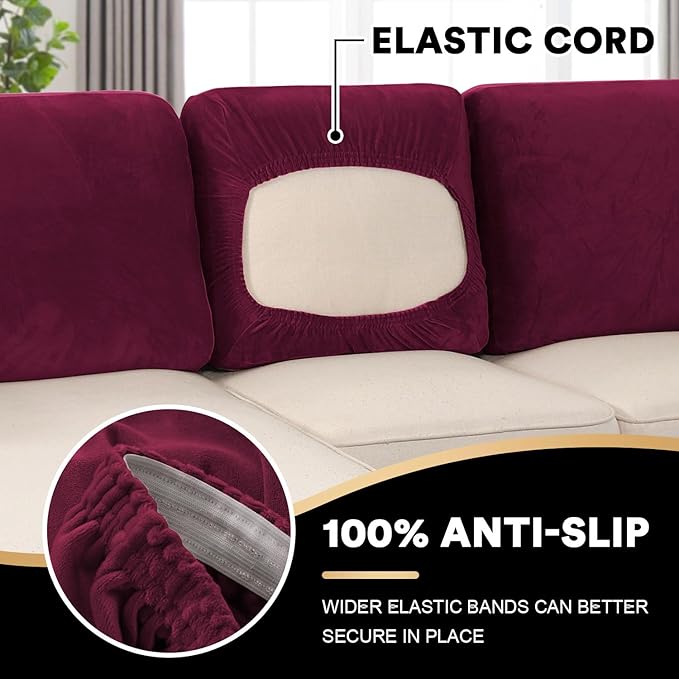 PrinceDeco Velvet Cushion Covers for Sectional Couch, 3 Back Cushion, Burgundy