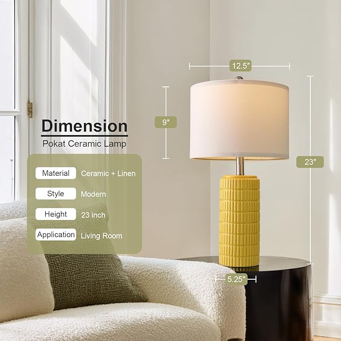 PoKat 23" Yellow Table Lamps Set of 2, Modern Living Room End Table Lamps Decor, Ceramic Lamps for Living Room, Contemporary Nightstand Lamps for Side Console Table Hallway Gift