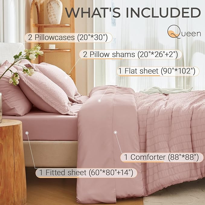 MUXHOMO 7 Pieces Queen Comforter Set, Seersucker Bed in a Bag Queen Size, All Season Luxury Bedding Set with Comforter, Flat Sheet, Fitted Sheet, Pillowcases & Shams, Rose Gold