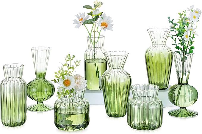 Hewory Small Ribbed Glass Bud Vases Set of 8 Green Flower Vase Centerpieces - Modern Minimalist Cute Mini Decorative Bulk Vases for Wedding Bridal Shower Birthday Party Events Dining Room Table Decor