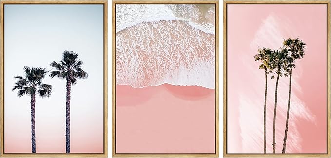 SIGNWIN 3 Piece Framed Canvas Wall Art Palm Tree in The Pink Beach Canvas Prints Home Artwork Decoration for Living Room,Bedroom - 16"x24"x3 Natural