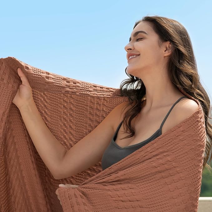 PHF Cooling Waffle Blanket Queen Size,Lightweight 60% Rayon Derived from Bamboo & 40% Cotton Breathable Blanket for Hot Sleepers, Soft and Luxury for Bed Couch and Sofa, 90"x90", Burnt Umber