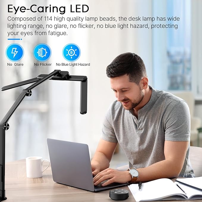 Syrinx LED Desk Lamp, Architect Desk Lamps for Home Office with Gesture Switch & Remote Control, 24W Bright Desk Light with 50 Light Modes Eye-Caring Desk Lamp with Clamp for Reading Study Workbench