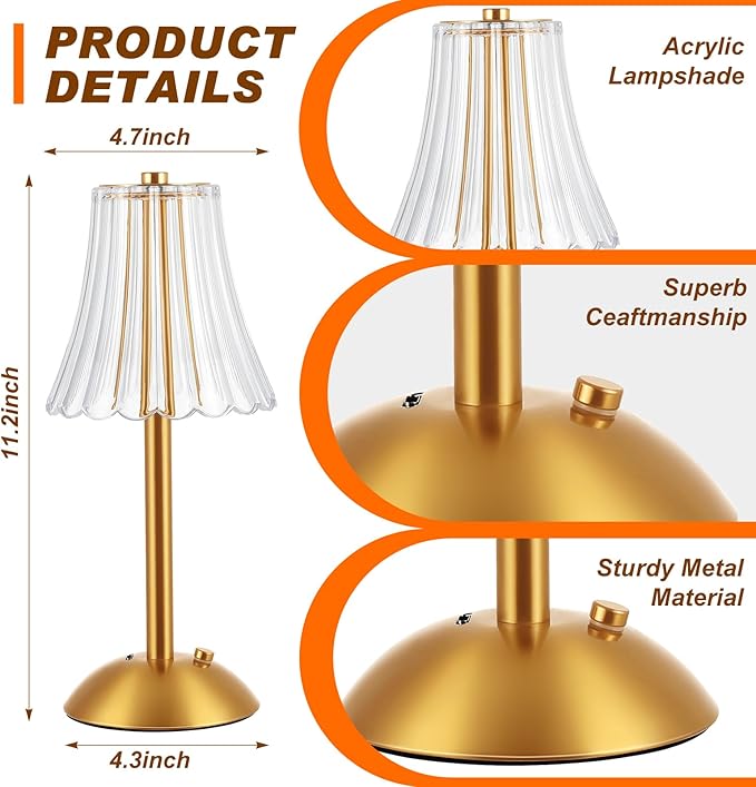 Liliful 8 Pcs LED Portable Cordless Table Lamp Touch Battery Operated Rechargeable Desk Lamp 3 Color Dimmable for Bedroom Living Room Dining (Rose Style,Gold)